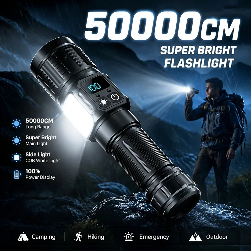    Superleistungsstarke Taschenlampen Wiederaufladbare LED-Taschenlampe Magnetische Taktische Fackel Mit Digitalanzeige Camping Angeln Zoom-Taschenlampe