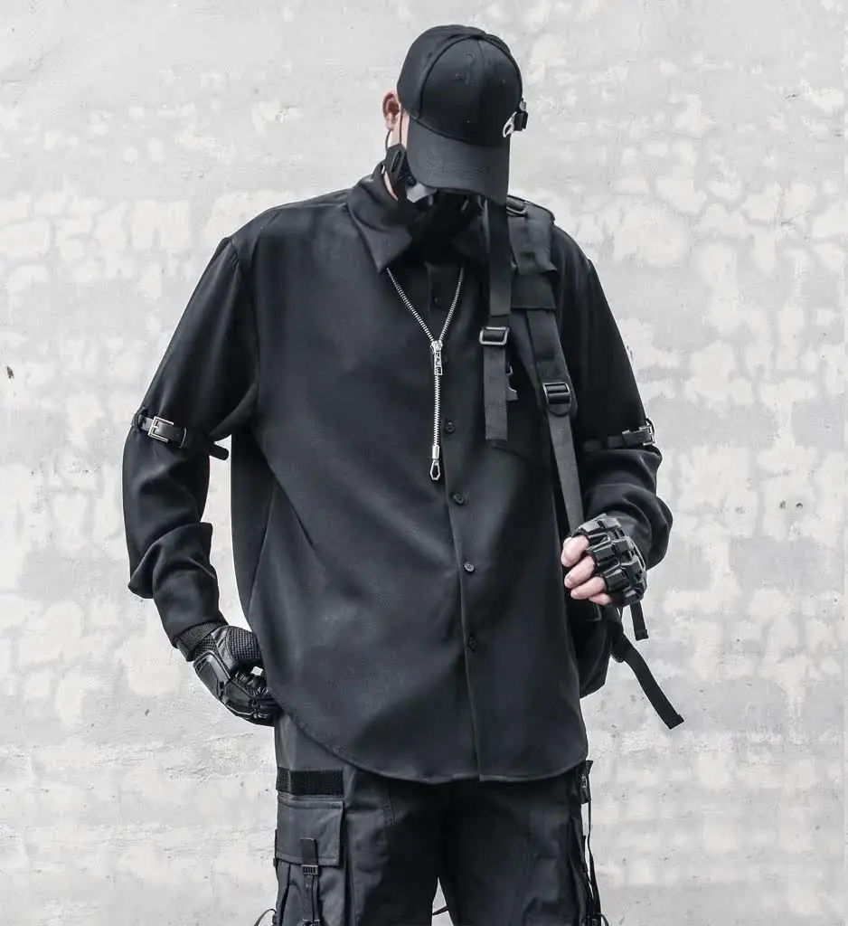 Dark Series Leather Ring Decorative Design  Long-Sleeved Shirt Men's Techwear Loose Ruan Shuai Fried Street Drape