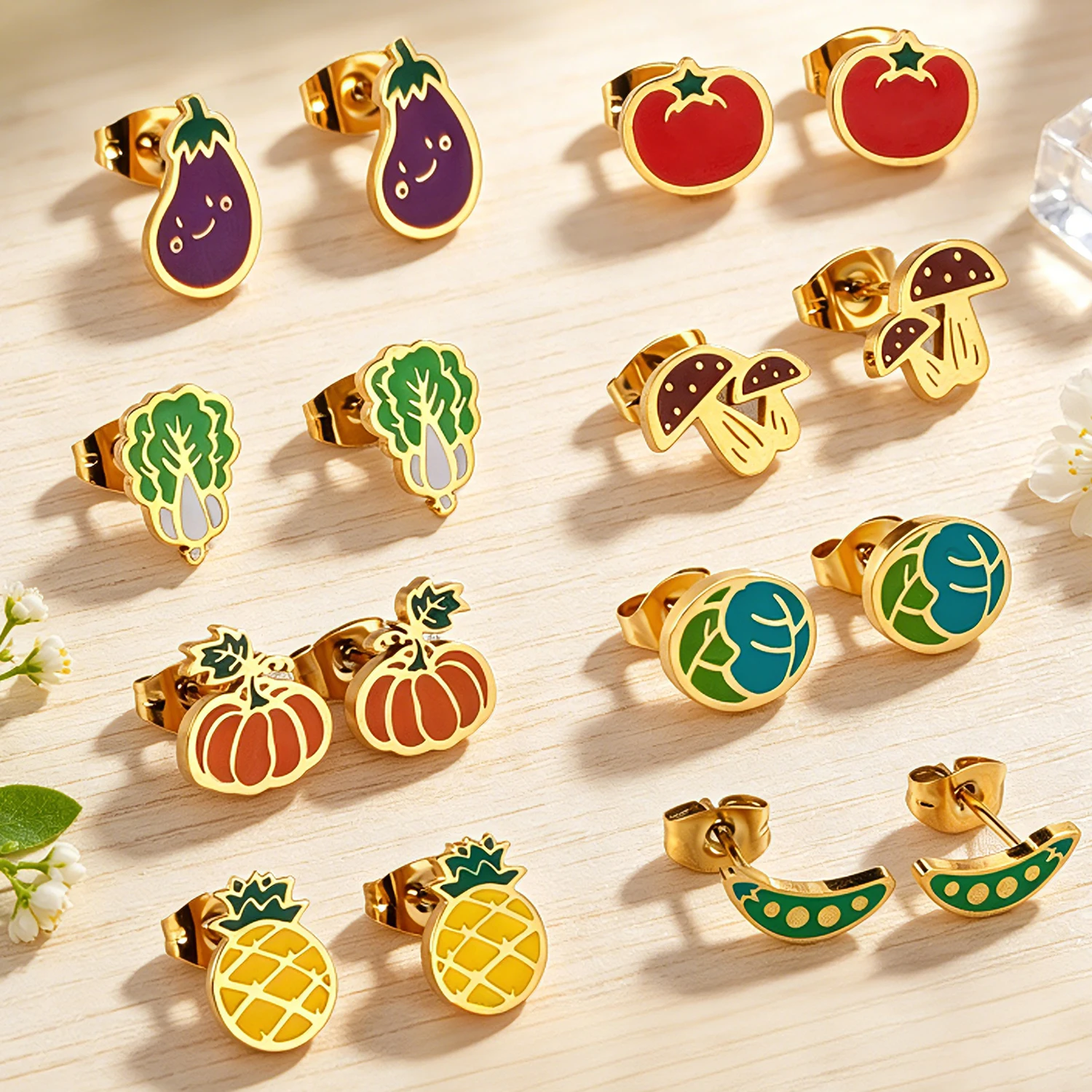 Fruit Vegetable Stud Earrings for Women 18K Gold Plated Stainless Steel Cute Enamel Pastoral Style Dainty Daily Wear Jewelry