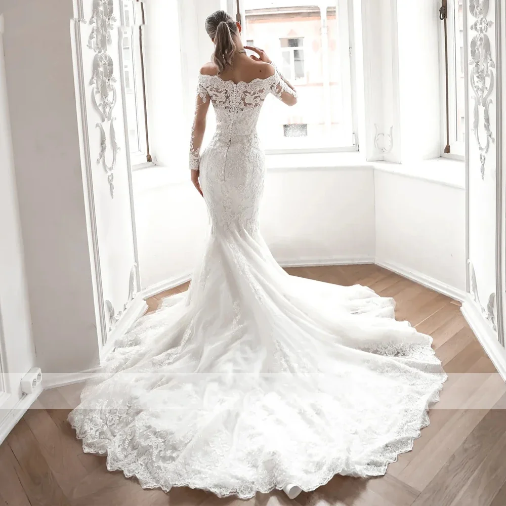 Flavinke Abiti da sposa in pizzo a sirena con scollo a barchetta personalizzati 2025 Abiti da sposa con maniche lunghe con applicazioni di perline con strascico staccabile