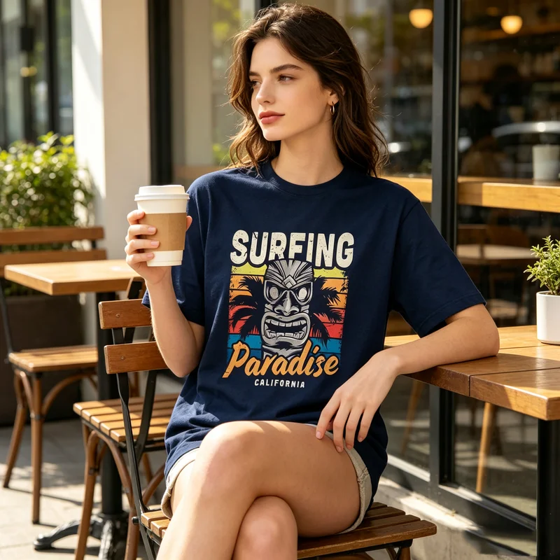 Surfing Paradise California Tiki Mask Palm Tree Vintage Graphic T Shirt Women Men Cotton Short Sleeve Tee Beach Surf Casual