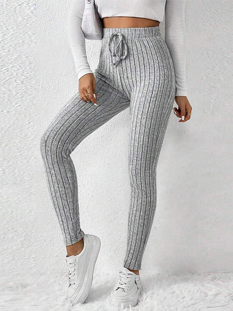 Autumn Warm Drawstring Striped Pure Color Women Leggings Elastic Slim Sports Fashion Daily Female Comfortable Pants