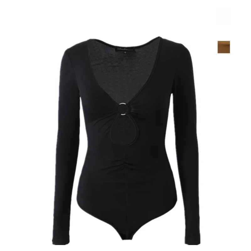 

Sexy Slim Fit Long Sve Onesie Base irt V Ne Design Versatile Comfortable Fabric for Women's Faion Trendy Hollow out Top