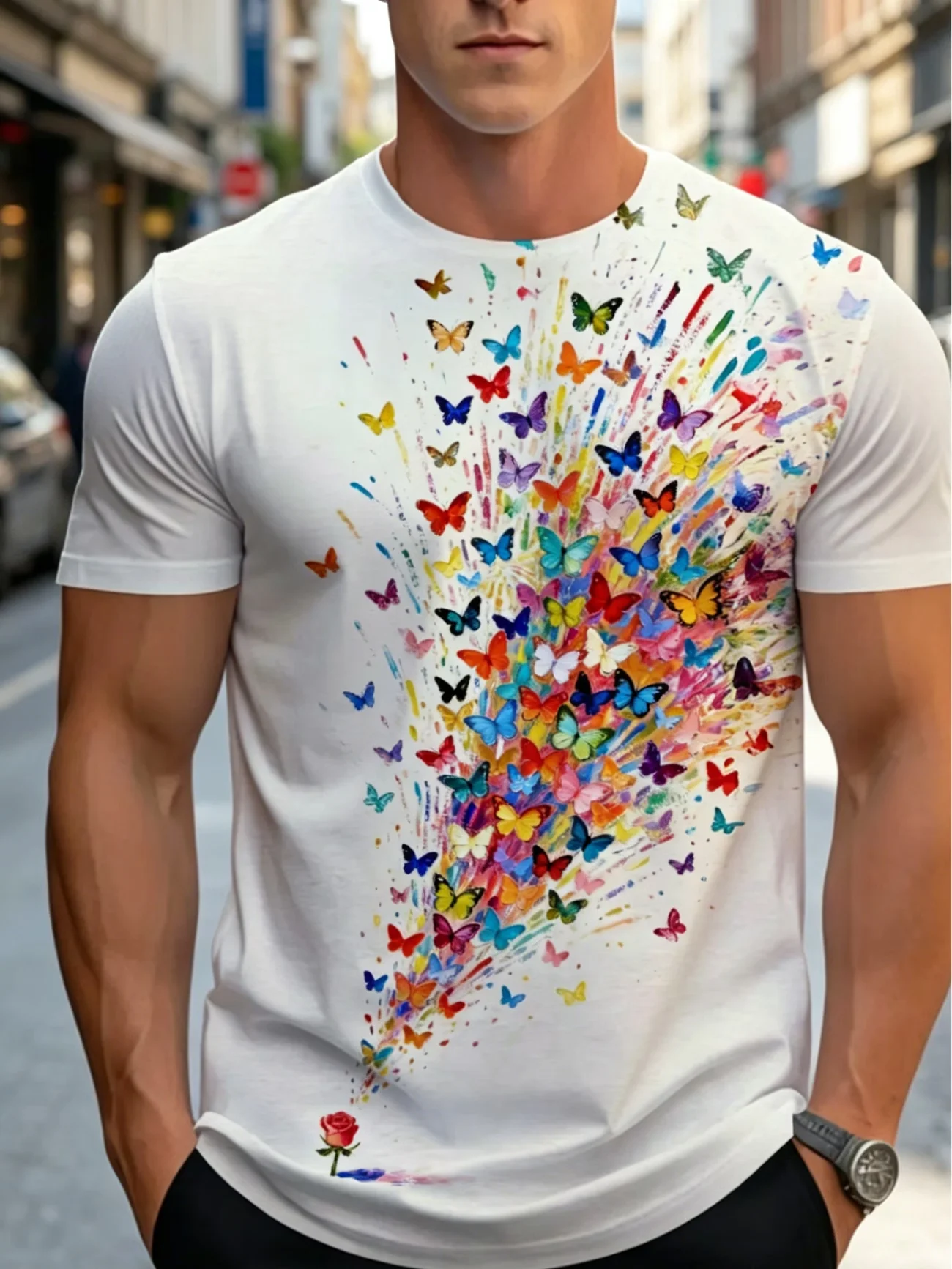 Herren-T-Shirt mit buntem Farbspritzer-Print, schnell trocknend, leicht, locker, kurzärmelig, Rundhalsausschnitt, für Outdoor, Straßensport, Freizeit-Oberteil – Detail 6