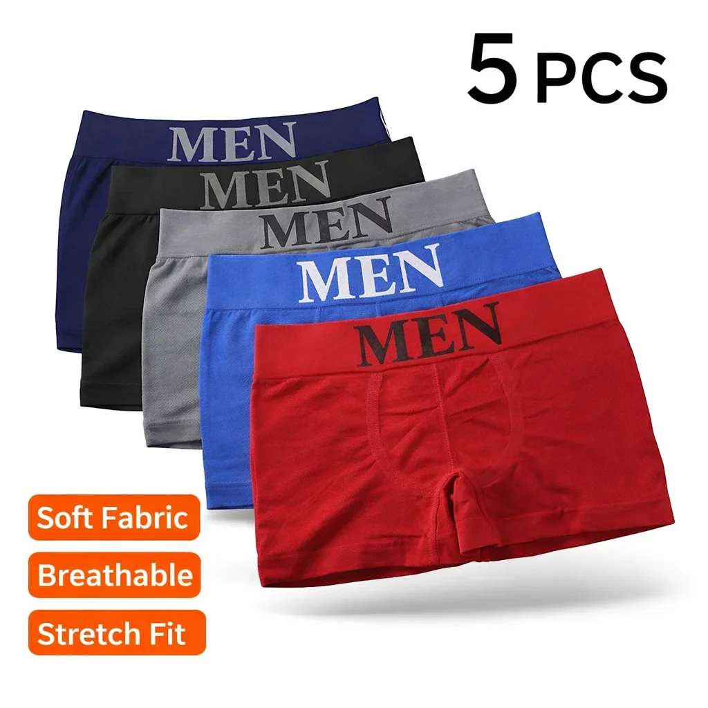

5 Pcs Men’s Boxer Briefs Breathable Soft Stretch Underwear High Elastic Comfortable Plain Color Shorts