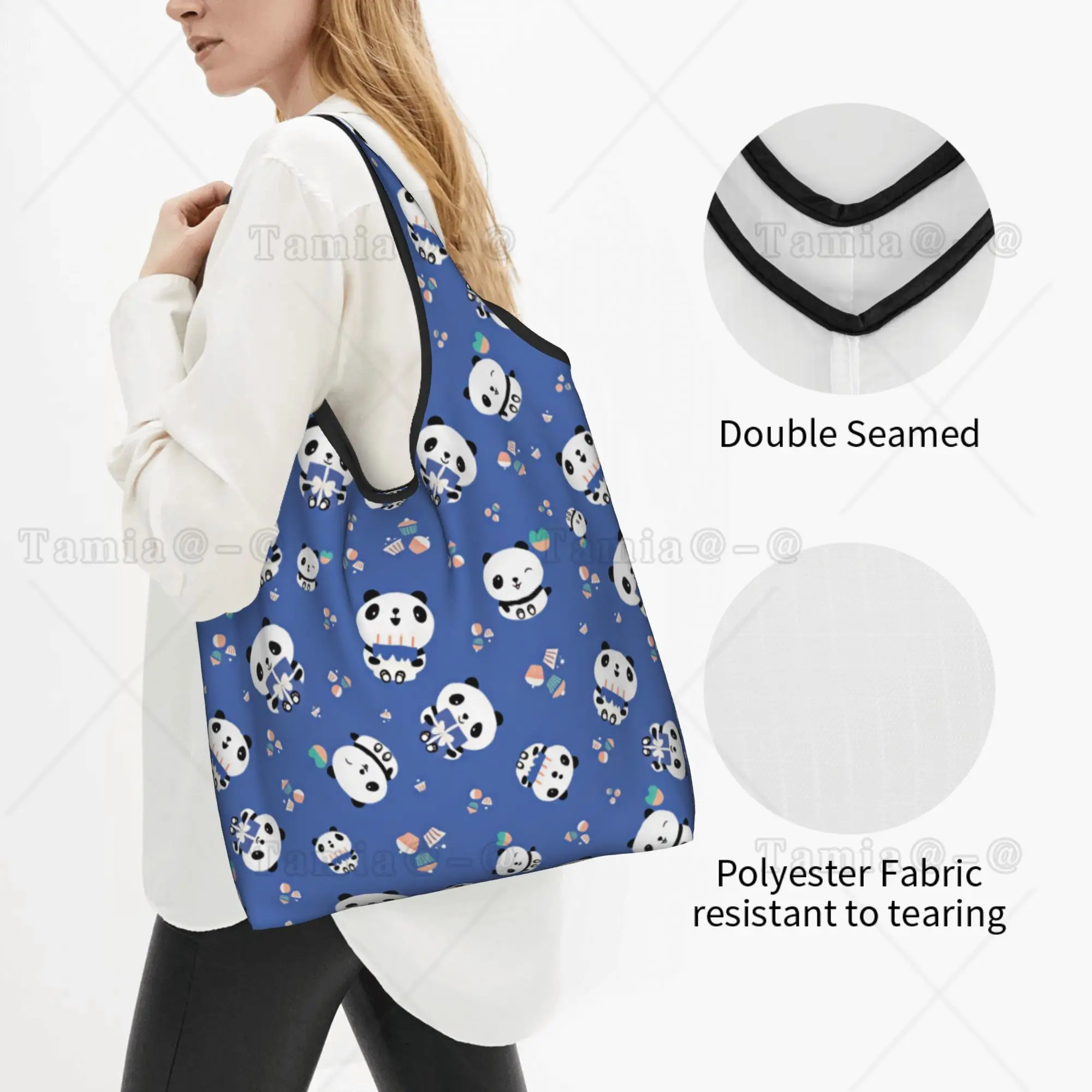 Kawaii Panda Birthday Seamless Pattern Groceries Tote Shopping Bags Women Cute  Shopper Shoulder Bags Large Capacity Handbags