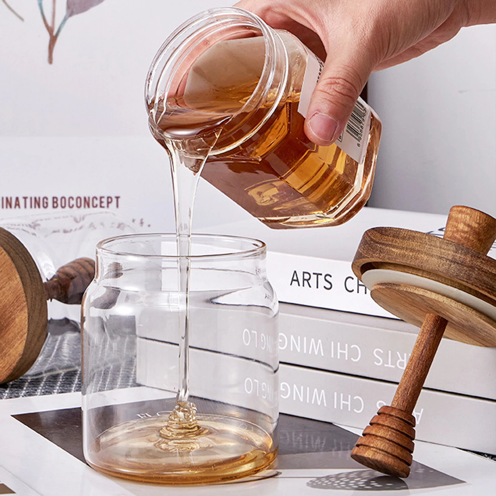 Glass Storage Bottles with Dipper Lid Honey Jars Wide Mouth Honey Containers Syrup Dispenser for Storing Honey and Syrup