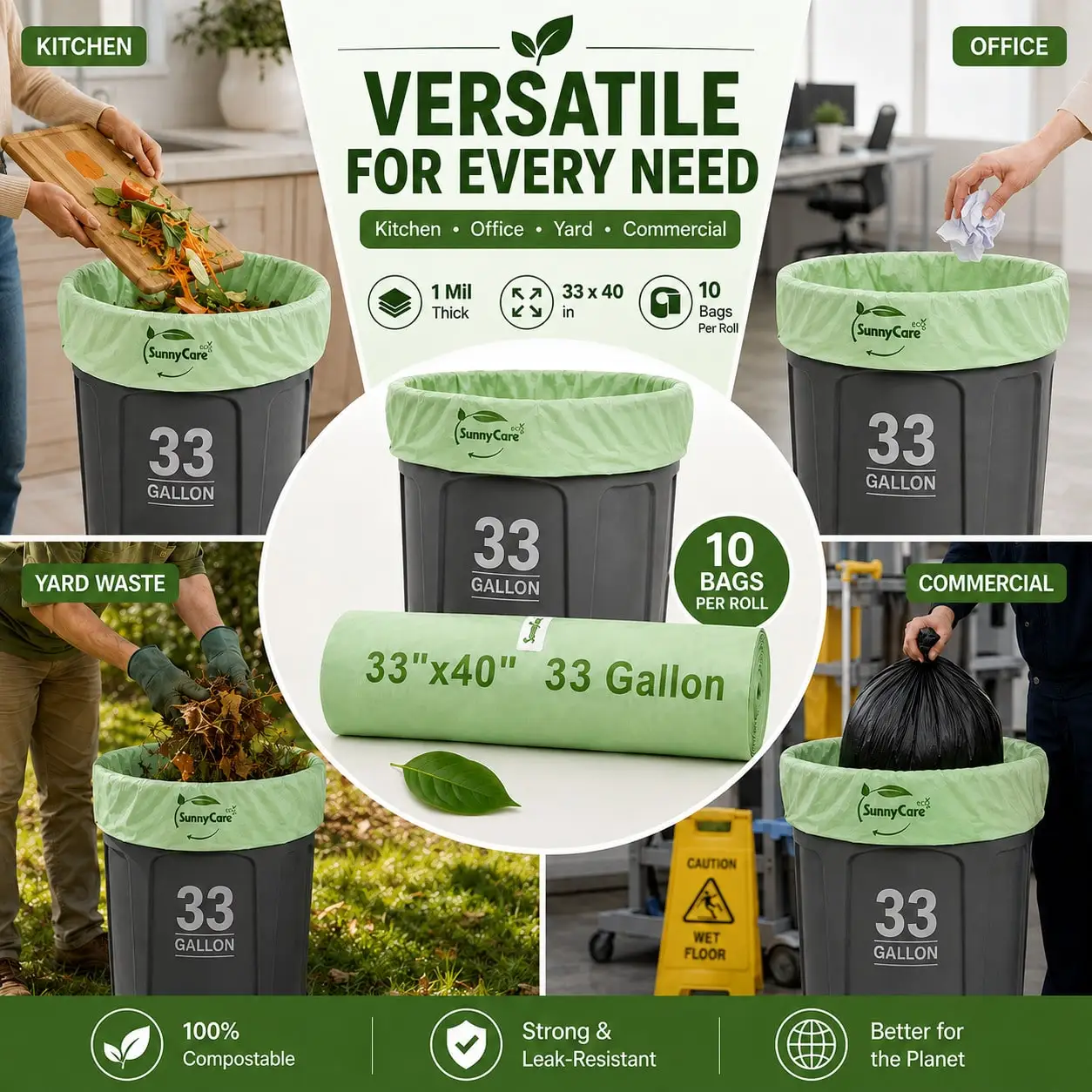 10 Count 33 Gallon Plant-Based Compostable Garbage Bags, Heavy Duty Yard Waste Bags, Home Compost Certified