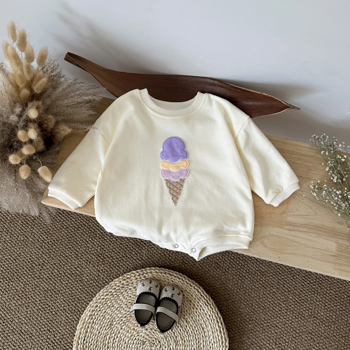 Infant Boys Girls Colorful Ice Cream Patchwork Embroidery Long Sleeve Romper Baby Soft Skin-friendly Autumn Bodysuit