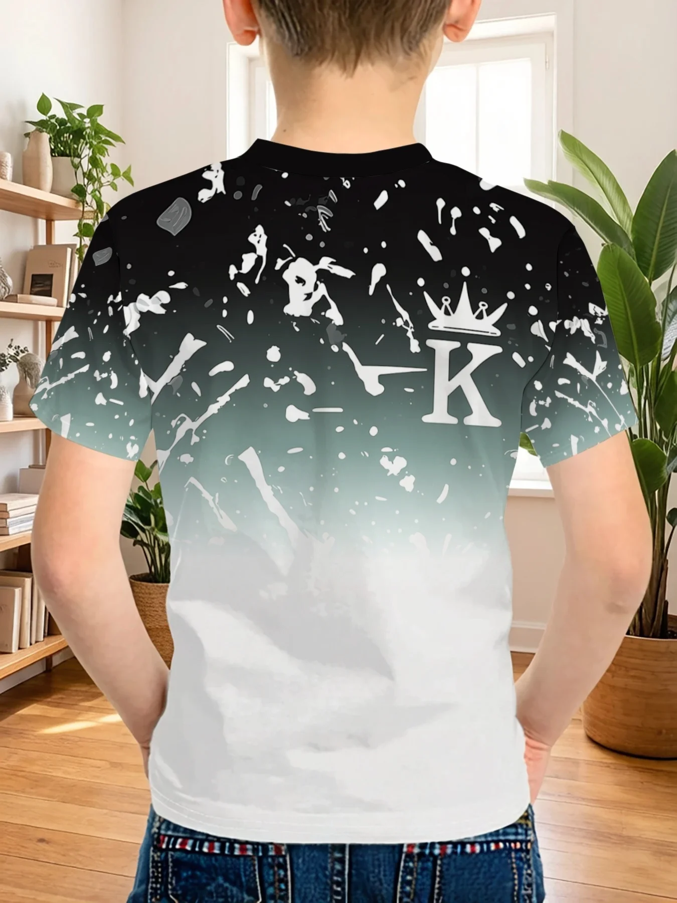 Boys K Crown Splatter Printed T‑Shirt, Children Modern Gradient Paint Splash Pattern Short‑Sleeve Casual Daily Tee