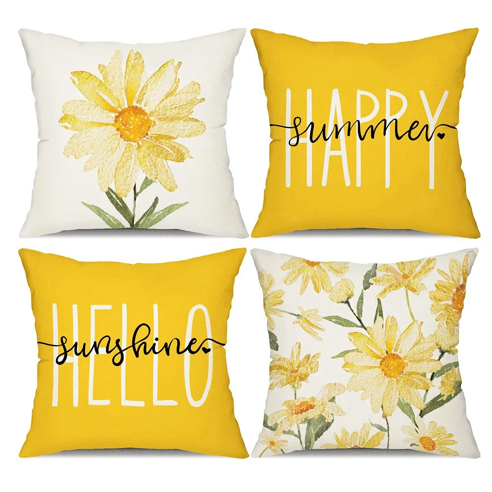 Summer Pillow Covers 18X18 Set of 4 Farmhouse Throw Pillows Summer Decorations Daisy Cushion Case for Couch Decor