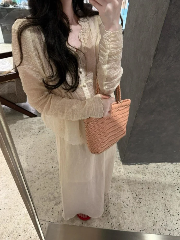 Sun Protection Lace Embroidery Shirt Women's High Waist Straight Cut  Skirt Two Piece Set Summer New Style MARIE  Brand