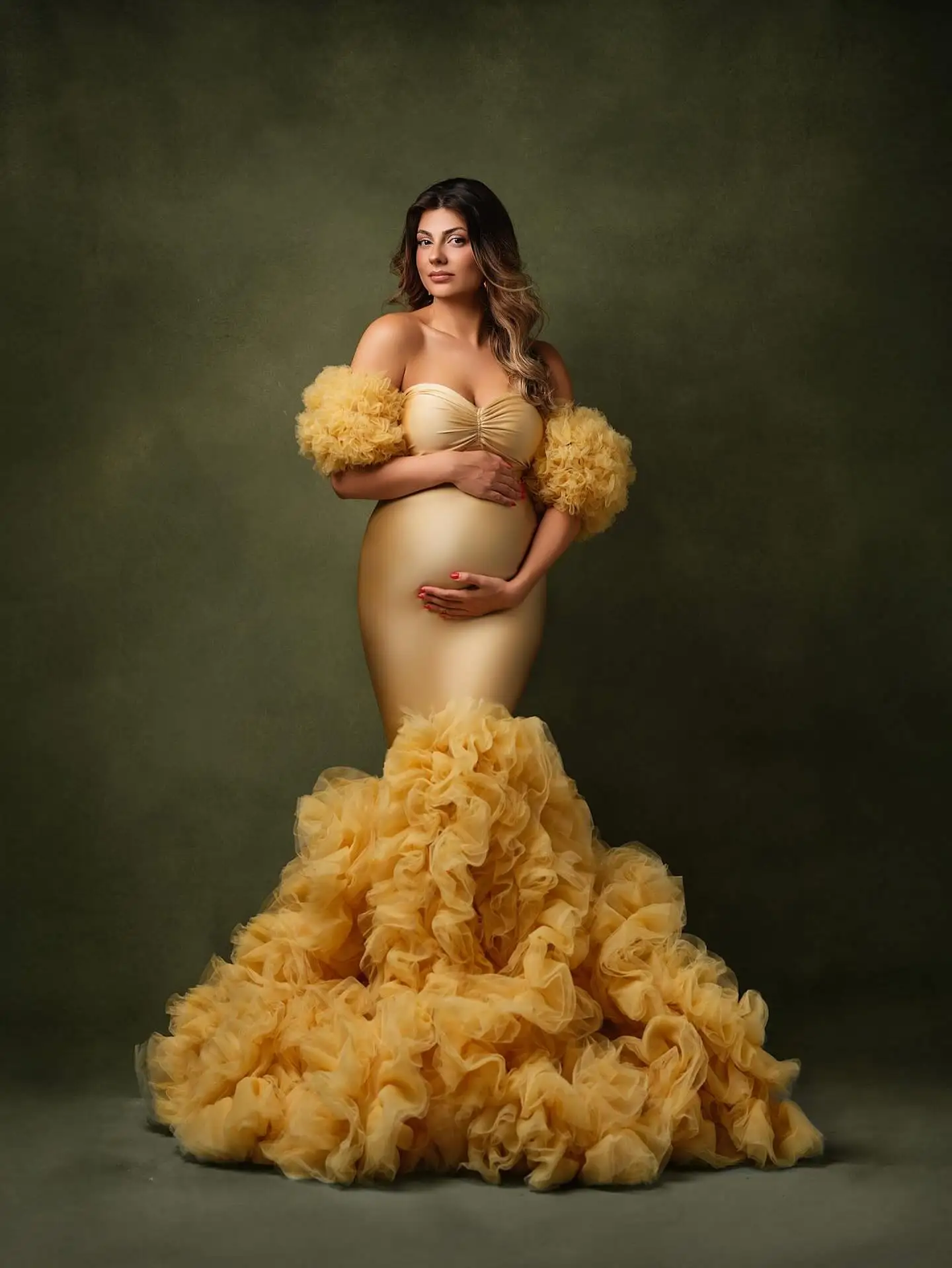 الذهب حورية البحر فساتين الأمومة لالتقاط الصور قبالة الكتف الكشكشة النساء الحوامل الجلباب مخصص الأكمام فساتين السهرة