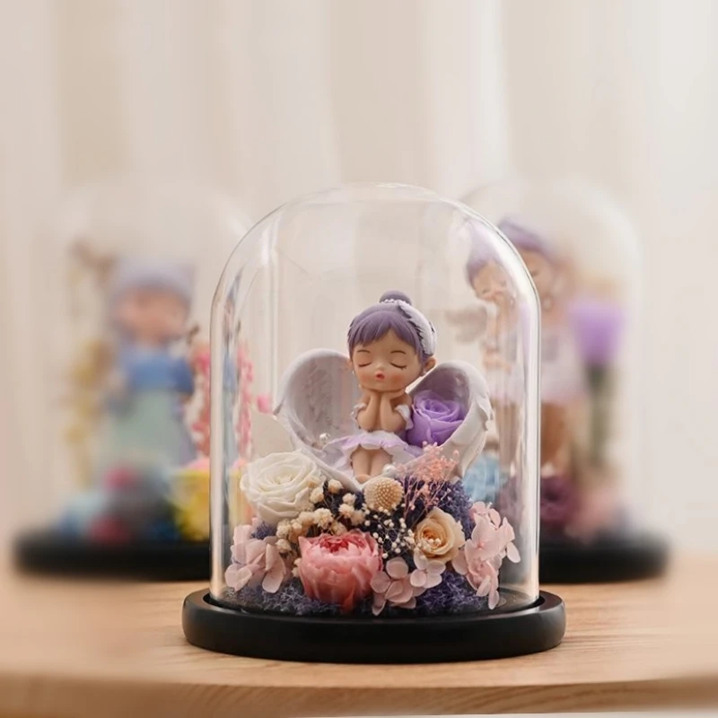 Immortal Flower Glass Cover Lovely Girl Series Ornaments Rose Preserved Flower DIY Chinese Valentine Day Gift