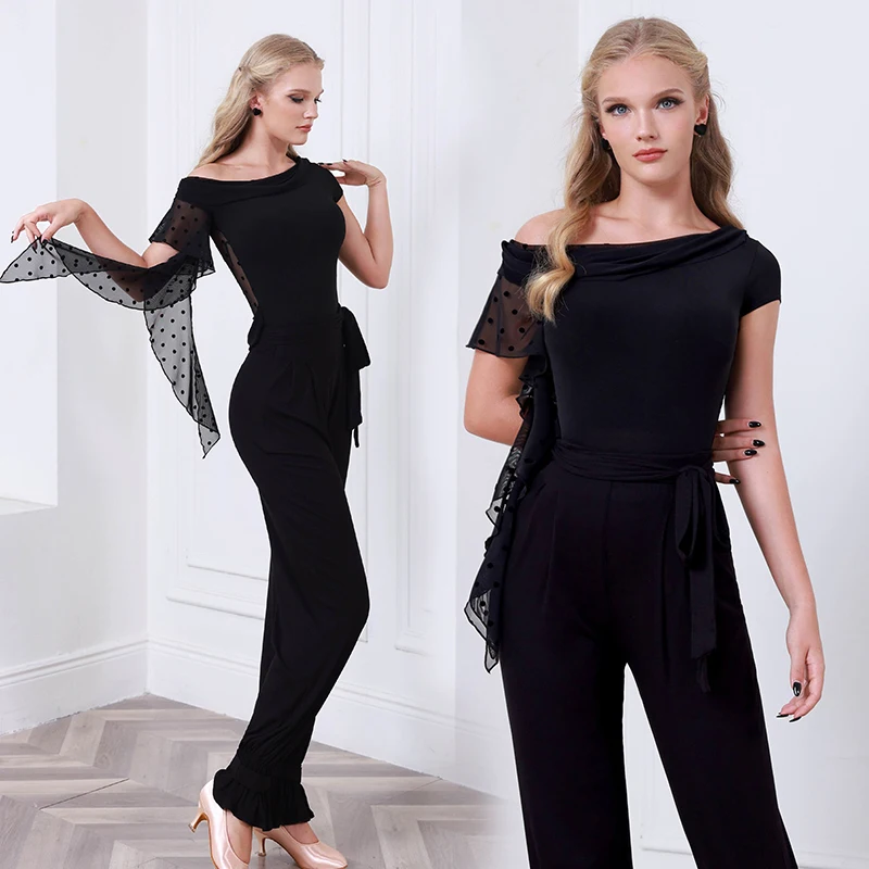 黒標準ダンス服女性社交社交ダンス衣装ワルツ衣装水玉模様のボディスーツ社交練習パンツ 2557