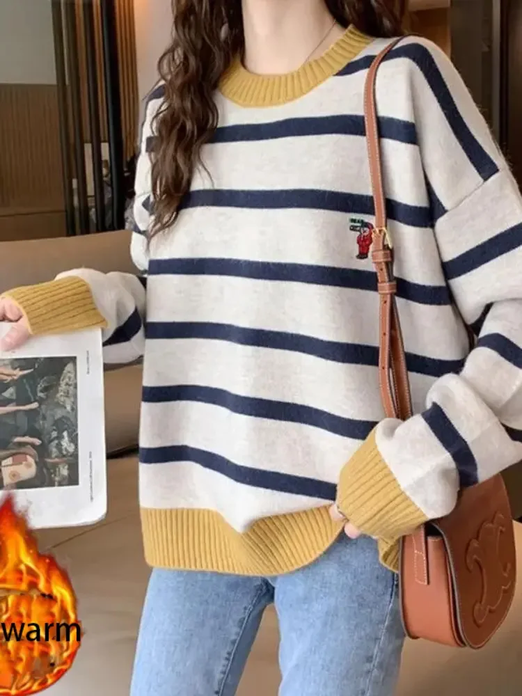 مخطط الألوان المتناقضة سترة الموضة فضفاض أفخم البلوفرات سميكة المرأة عادية فضفاض دافئ لينة محبوك Sueter