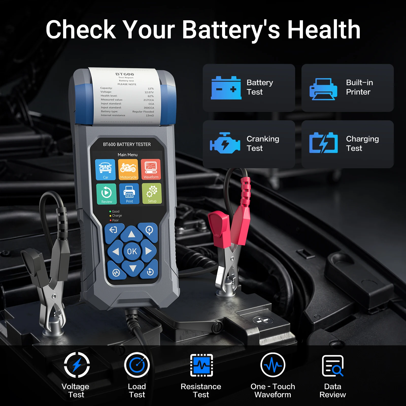 2026 VDIAGTOOL BT600 Car Battery Tester with Printer 6-24V Automotive Load Tester Cranking Charging System Analyzer 5-3000CCA