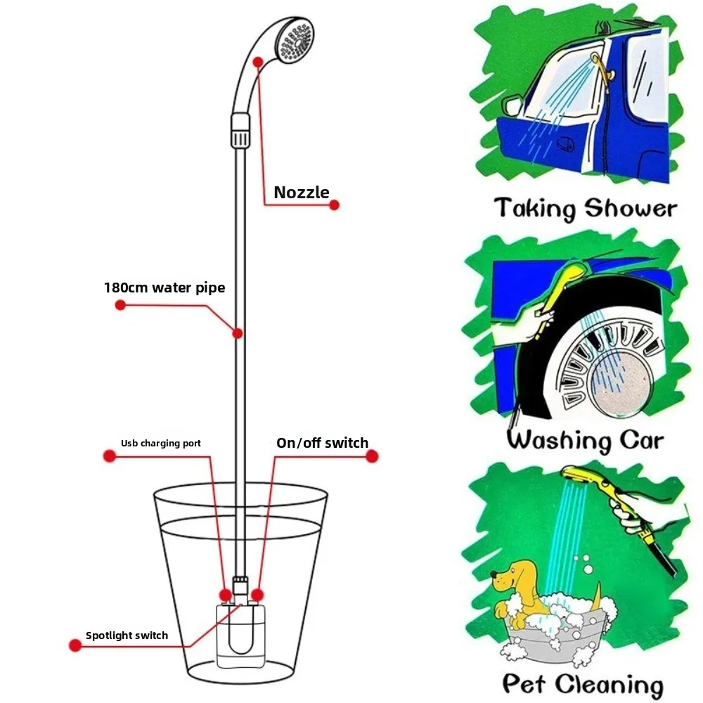 New 2200mAh Portable Shower Long-Lasting Rechargeable Camp Shower Pump Universal Camping Shower Outdoor