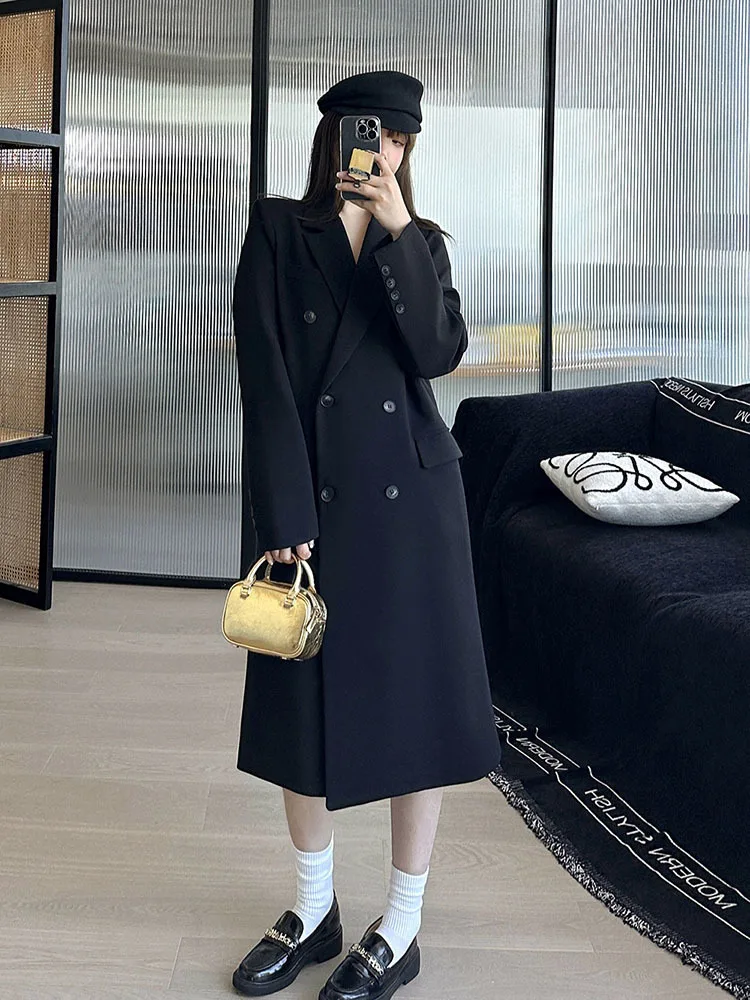 BZVW Office Lady Long Blazer Women's Notched Double Breasted Solid Color Casual Coats Female Autumn 2024 New Clothing 25A8870