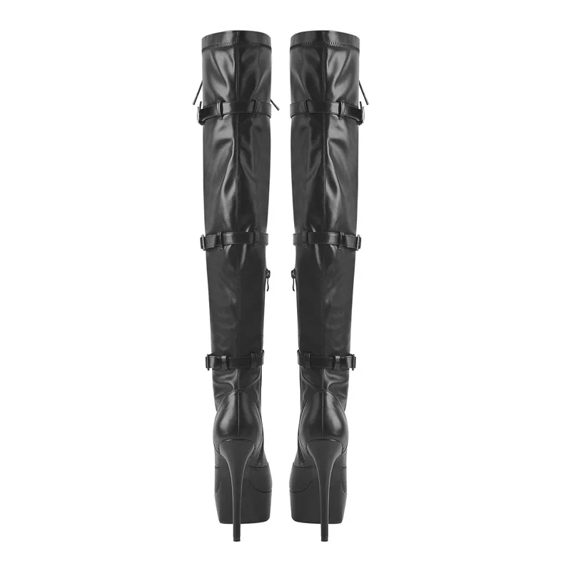 Onlymaker Over The Knee High Boots Women\'s Platform Round Toe Stiletto Side Zipper Patent Leather Black Fashion Sexy Winter Boot