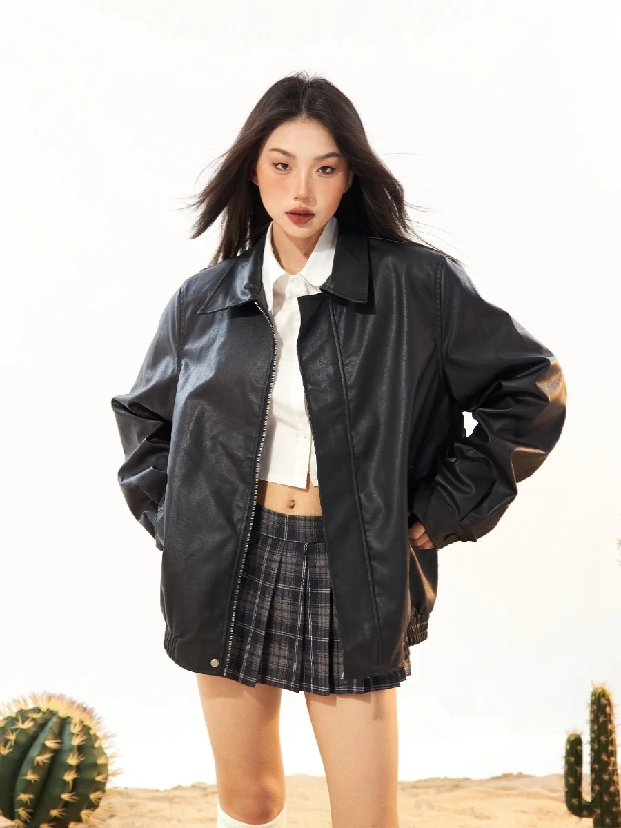 Retro Amerikaans zoet koel bruin leer Jaet dames 2023 nieuwe herfst trendy casual motorfiets Sle PU lederen Jaet