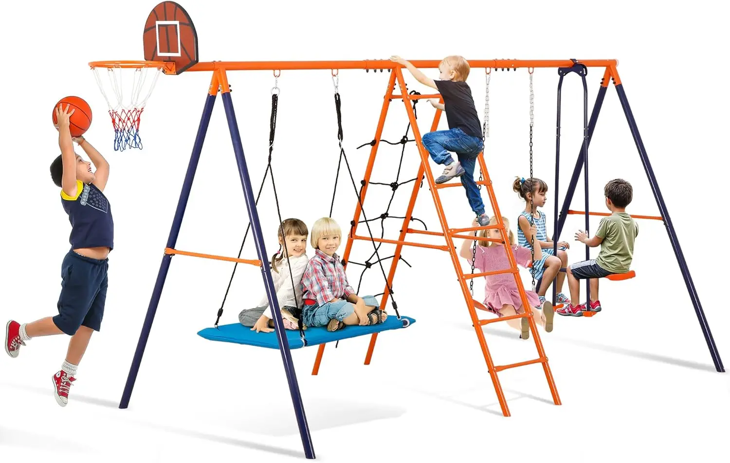 Juego de columpios de metal para exteriores para niños, juego de parque infantil de metal resistente con columpios, escalera de escalada, barra trapecio y aro de baloncesto, 6
