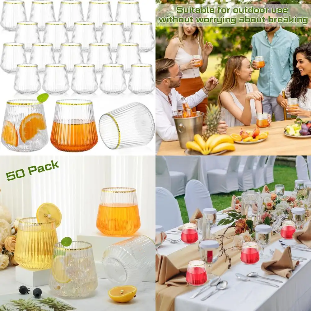 

Unbreakable Ribbed Stemless Wine Glasses, 14oz, Clear & Gold, 50 Pack - Elegant Cups for Parties & Weddings