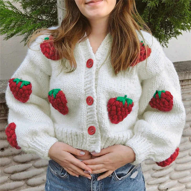 

Ladies Autumn Winter Single-breasted Knitwear Girls Leisure Style Strawberry V-neck Puff Long Sleeve Knitted Coat Cardigan