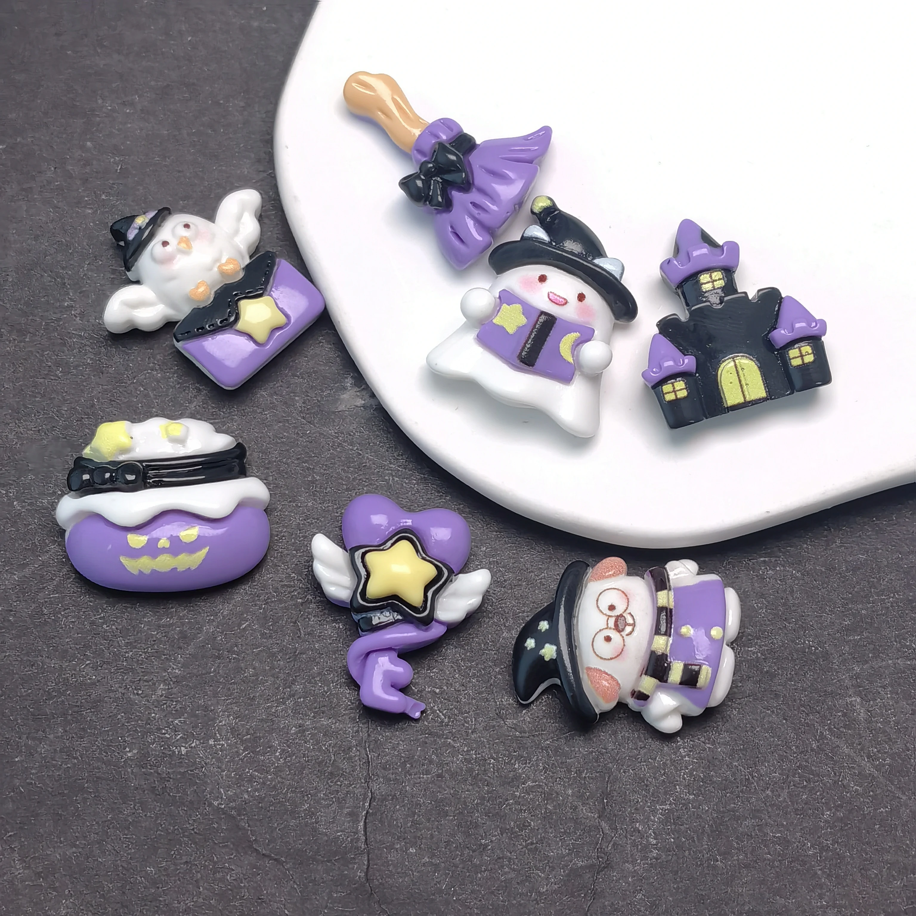Kawaii Halloween Ghost Broom Candy Bag Resin Flatback Cabochon Scrapbooking Fit Headwear Accessories Phone Decoration