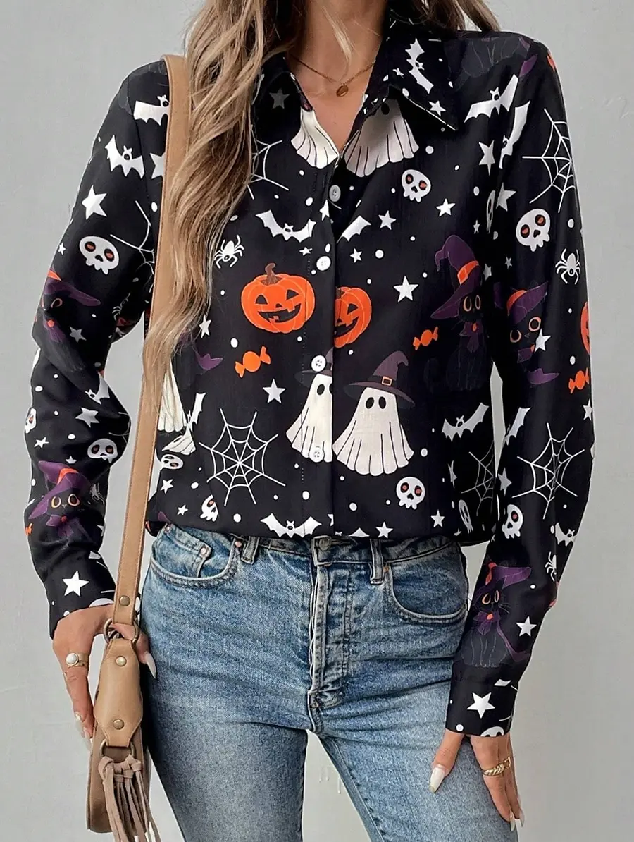 Halloween Theme Women's Shirt Graphic Pumpkin Ghost Elegant Vintage Tropical Long Sleeve Bishop Sleeve Shirt Collar Regular Tops