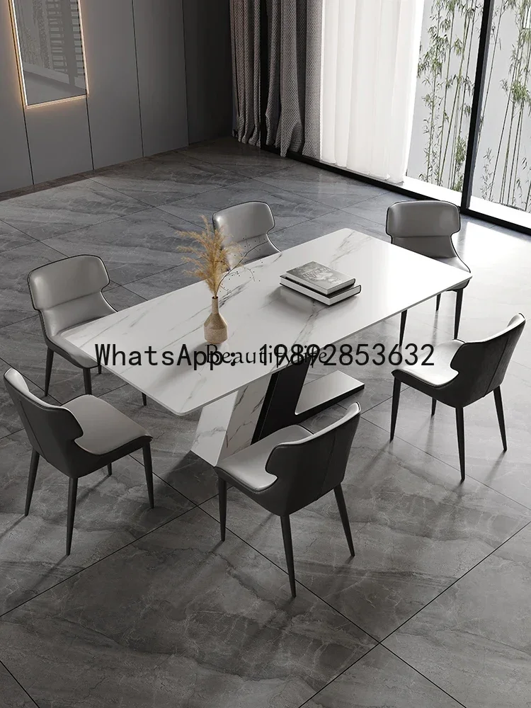 

Plate Dining Table Stainless Steel Design Light Luxury Modern Simple L-Shaped Rectangular Table and Chair Set
