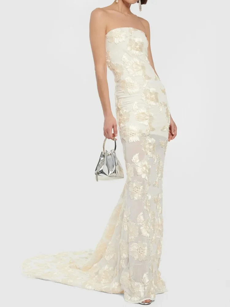 

2024 Summer Fashion Women Sexy Strapless Backless Mermaid Yellow Bodycon Cotton Dress Elegant Evening Club Party Dress