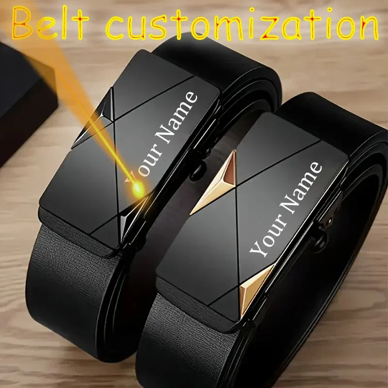 Men's Customizable Belt with Name Text Logo Automatic Alloy Buckle - Personalized Gift for Father's Day Husband Birthday Anniver