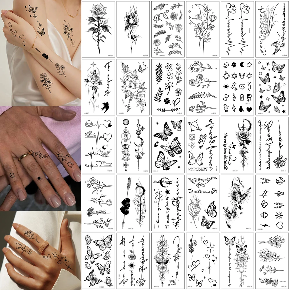 30pcs Disposable Small Tattoo Stickers for Women Men Flowers Moon Heart Temporary Tattoos for Hand Chest Wrists Finger Body Art