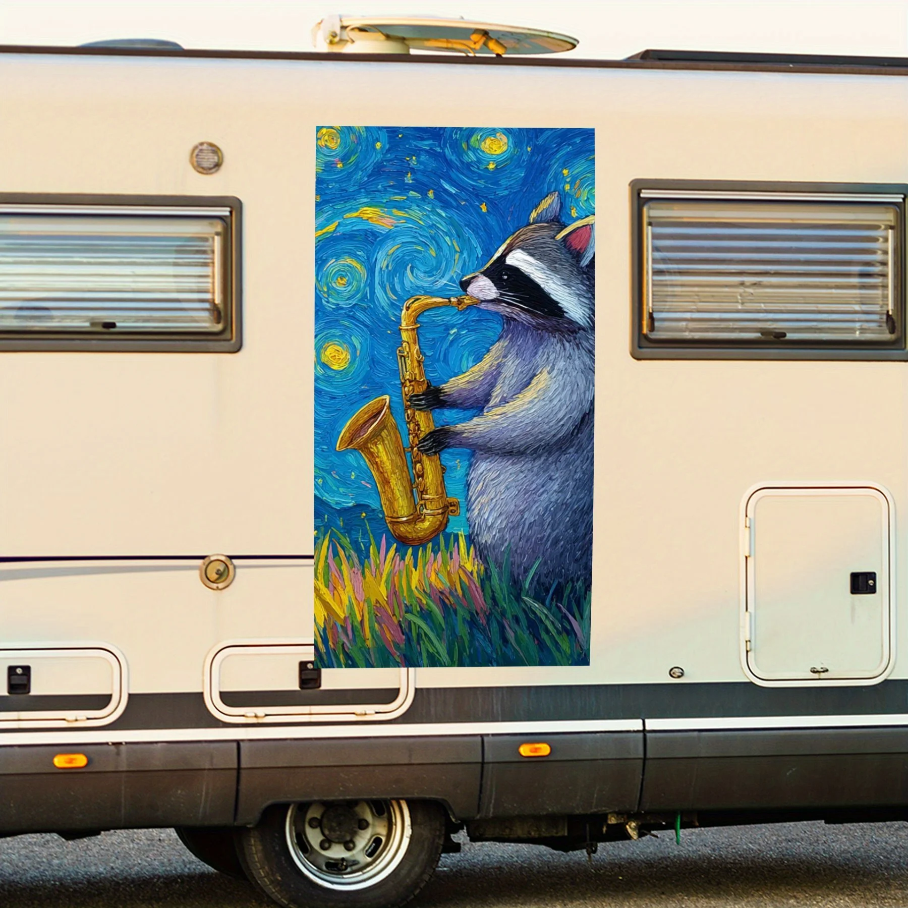 

Саксофон «Енот играет под звездным небом», водонепроницаемая виниловая наклейка для стороны автофургона, самоклеящиеся наклейки для украшения и защиты дома на колесах