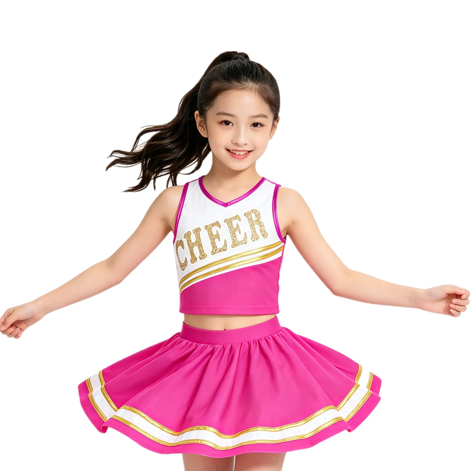 Kids Girls Cheerleader Costumes Cheerleading Uniform Cheer Dance Clothing Letter Print Crop Top with Elastic Waistband Skirt