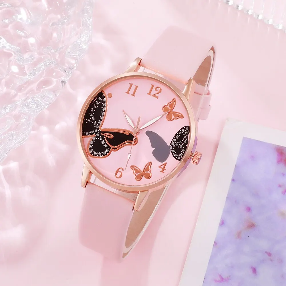 6PCS Set Women Butterfly Dial Watch Brand Design Female Clock Pink Leather Band Ladies Watches Fashion Casual Quartz Wristwatche