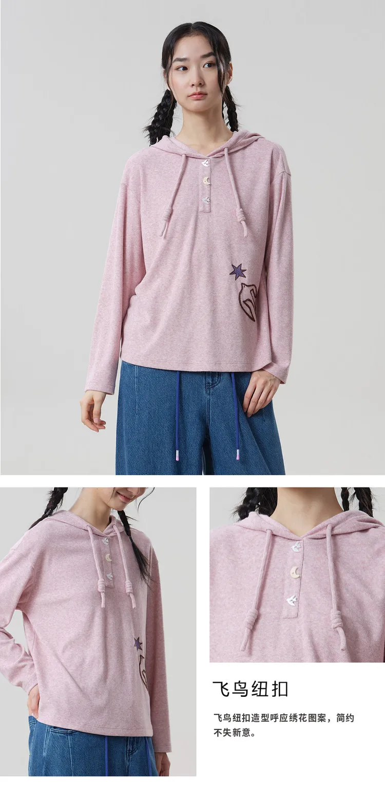 MOVEUP Hooded Drawstring Pullover 2026 Autumn Bird‑Shaped Buttons Embroidery Sweatshirts Loose Long Sleeve Casual Top 3ELQ10567