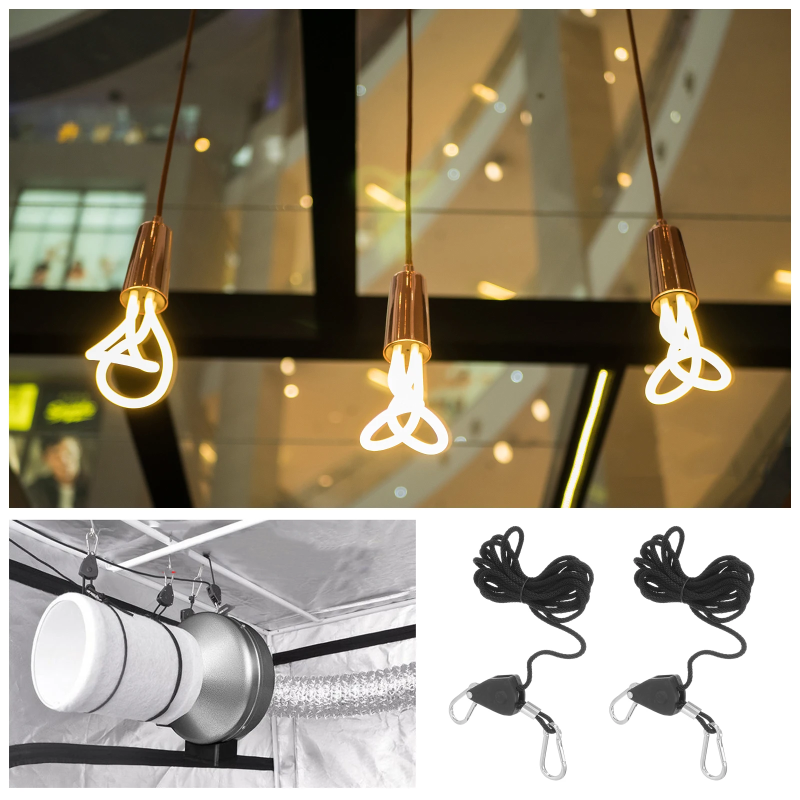 

2pcs Heavy Duty Adjustable Rope Hanger Metal Gears Ratchets Locking Pulley Braided Polypropylene Grow Light Fixtures Hangers For