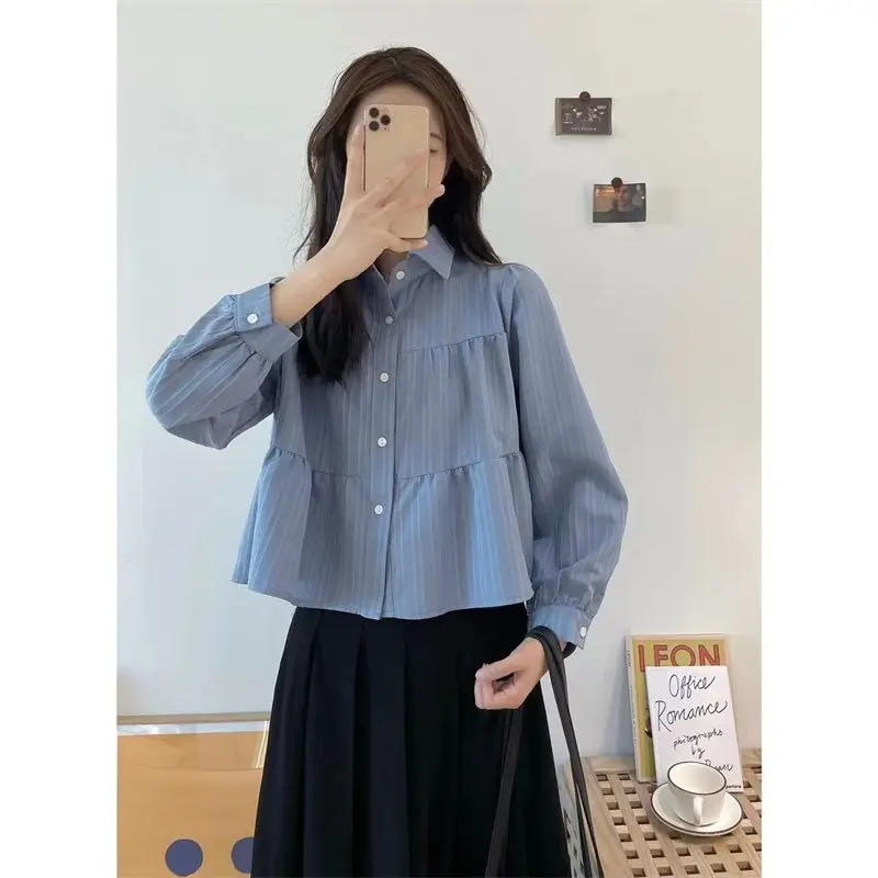 Solid Color Short Simplicity Blouse Spring Autumn New Long Sleeve Solid Color Korean Shirt Tops Fashion Sweet Women Clothing