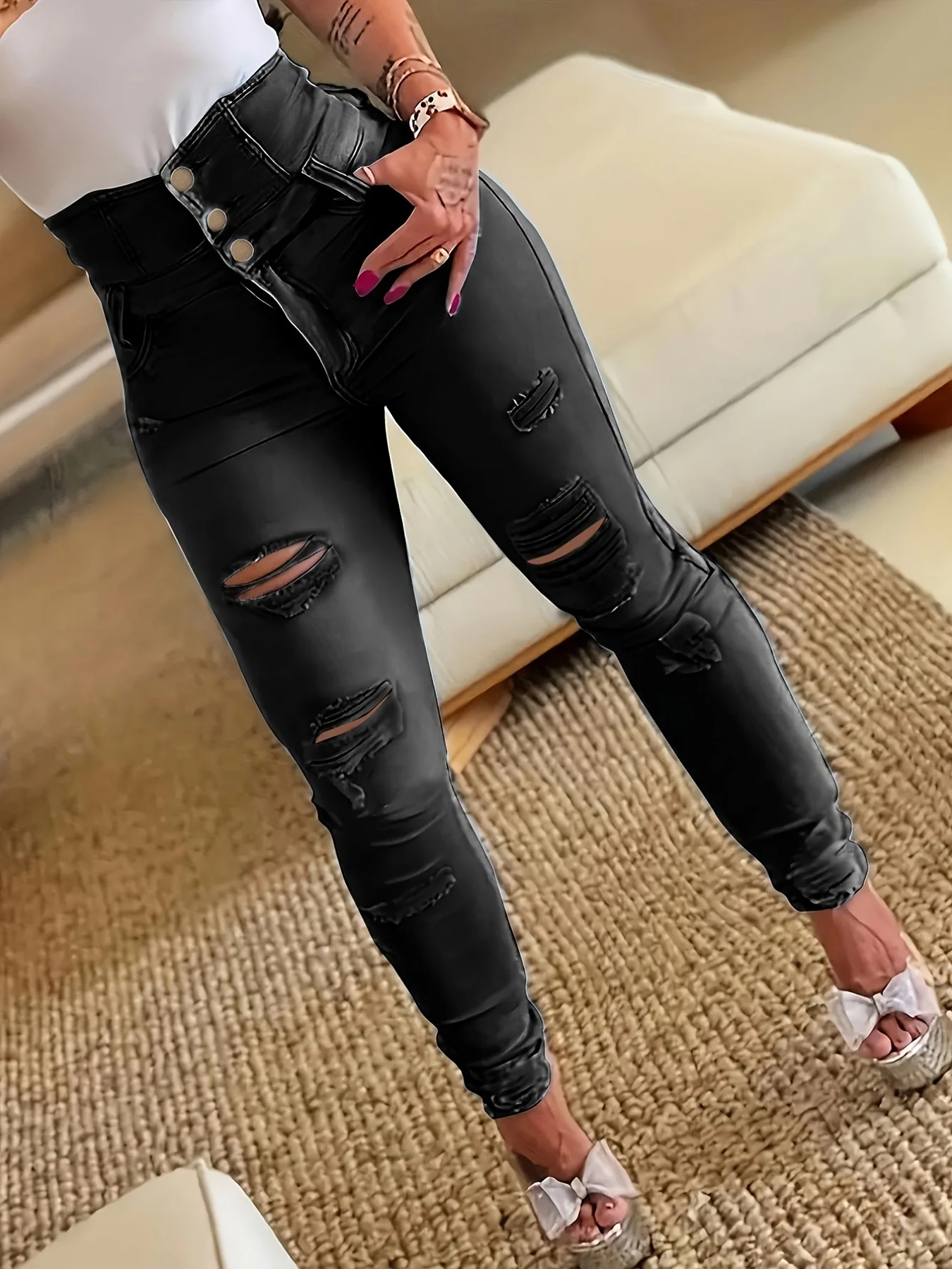 Jeans skinny casual con fori strappati, tasche slash Pantaloni in denim a vita alta con bottoni monopetto invecchiati, jeans in denim da donna