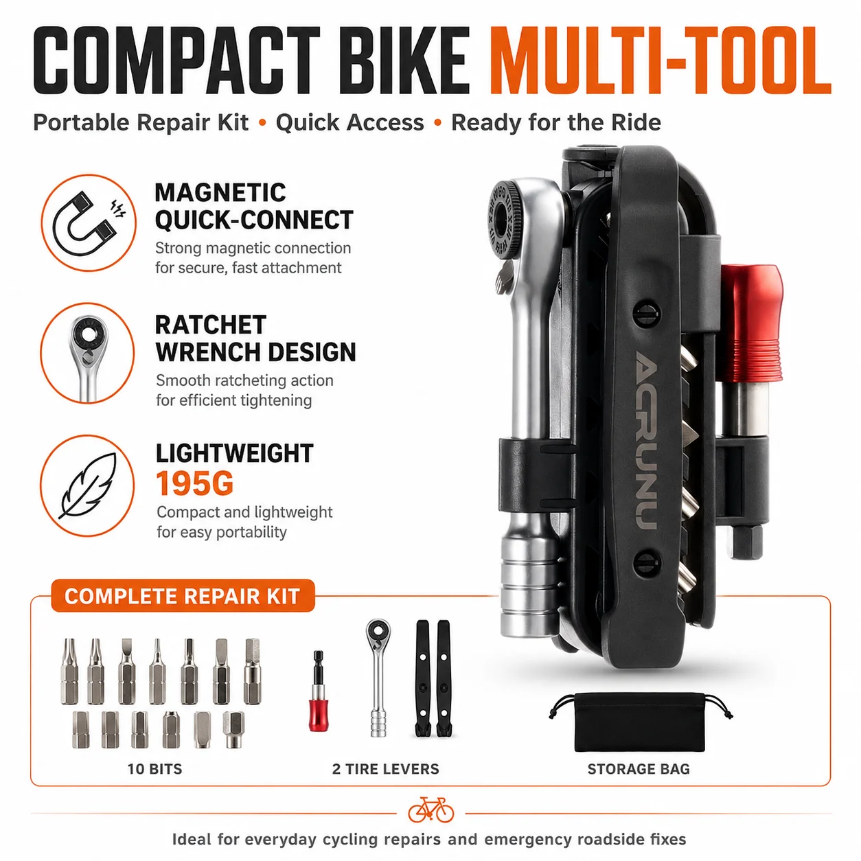 

ACRUNU Bicycle Repair Tool Kit with 2-Way Ratchet Wrench 10 Bits Portable Tire Levers for Road Mountain Bike