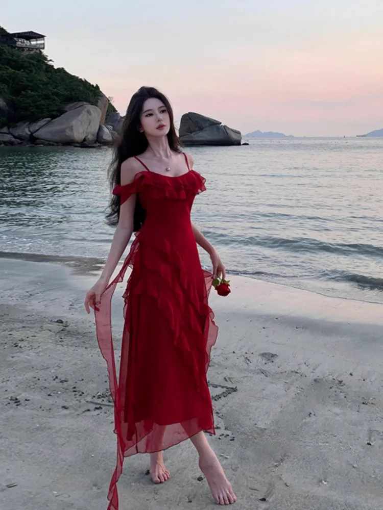 Vestido largo rojo fluido para mujer, vestido liso con tirantes finos y hombros descubiertos, vestido dividido con volantes irregulares, ropa para fiesta, cóctel y graduación