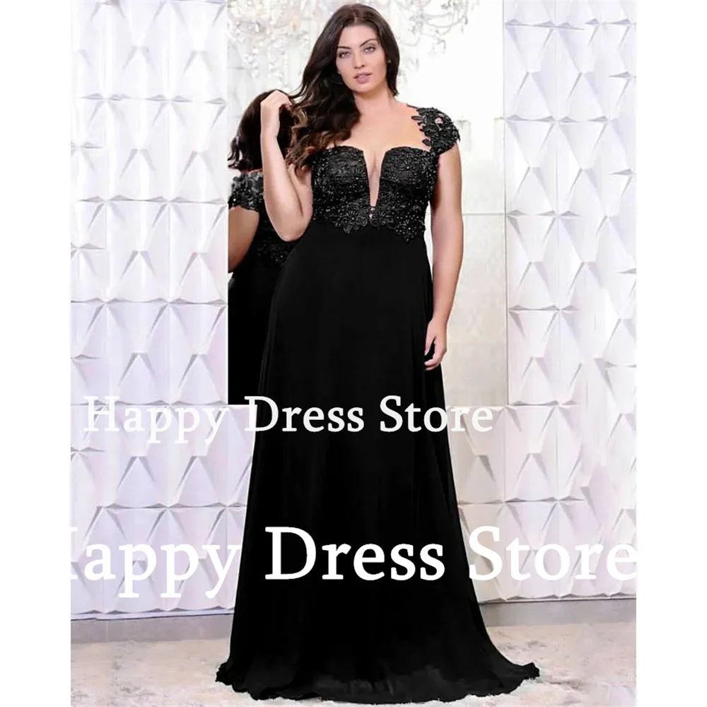 Happy-vestido de noche Formal para mujer, traje de gasa con apliques de cuentas, línea A, talla grande, color negro, para fiesta de graduación y recepción de madre