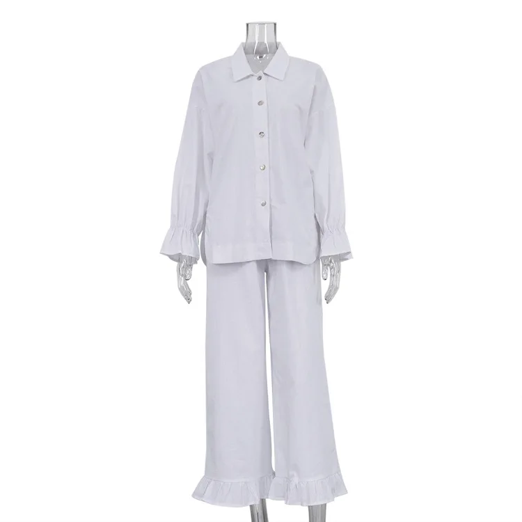 Women's Pajamas Set Long Sleeve Cotton Ruffles Design Ladies Sleepwear 2 Pcs with Pant Single Breasted Solid Pyjama for Female