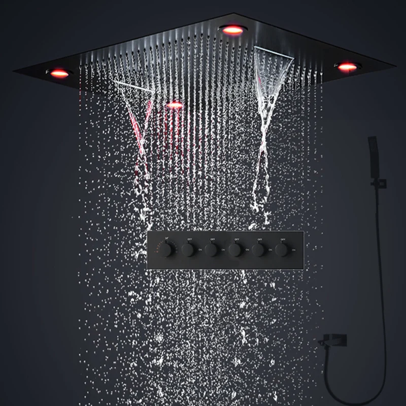 

hm High Quality Black Shower Set 24Inch Ceiling LED Shower Head System Rain Waterfall Thermostatic Mixer Bath 5Functions Faucets