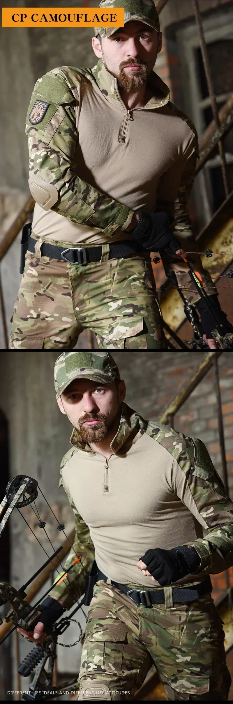 Outdoor Langarm Taktische Shirts Combat Shirt 1/4 Zipper Ripstop Baumwolle Tragen-wider Camo Airsoft T Shirts Männer Kleidung – Detail 4