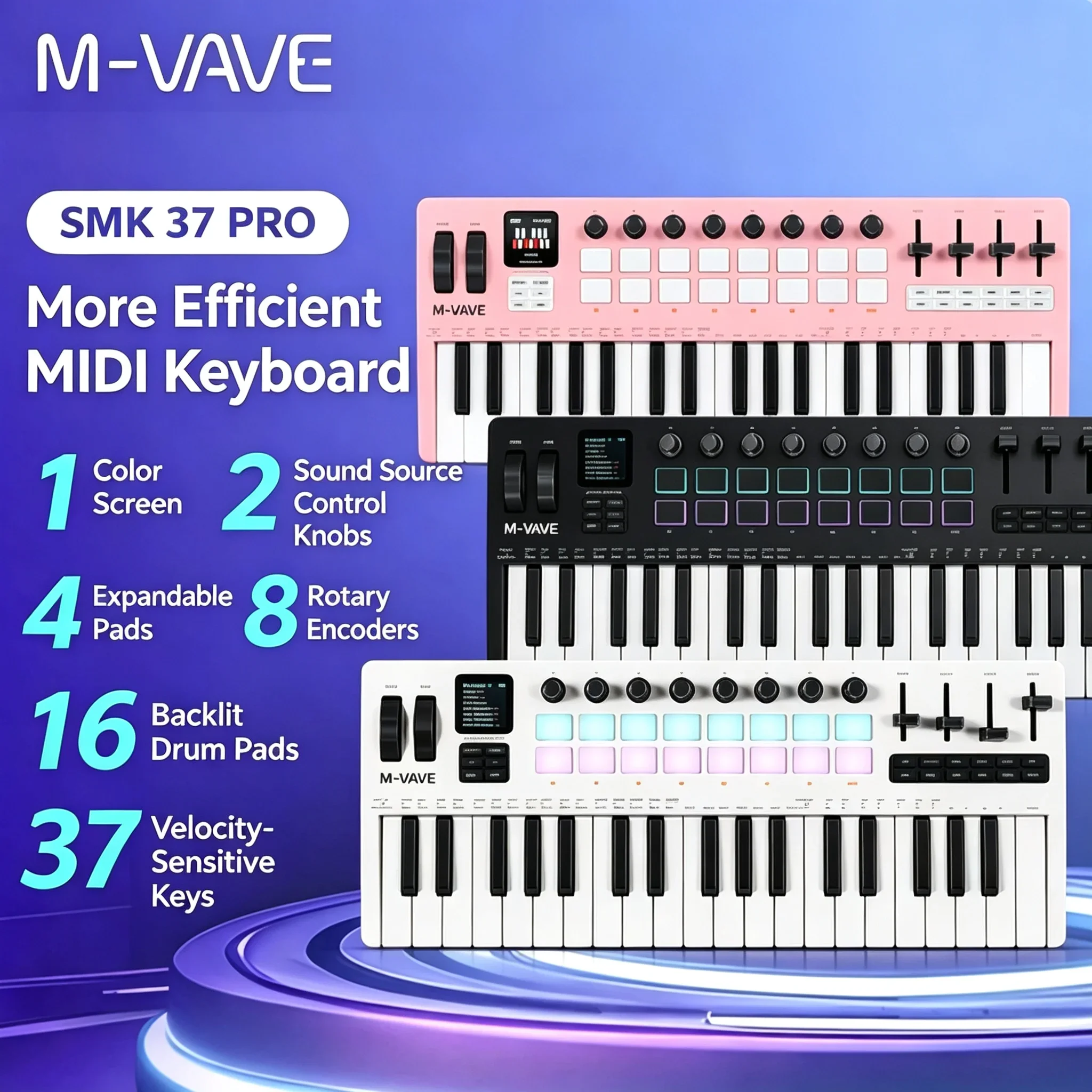 M-VAVE SMK-37 Pro Synth Keyboard 37 Key MIDI Controller​ With Built-in  Engine 8 Knobs + 16 RGB Pads 37 Key MIDI Controller