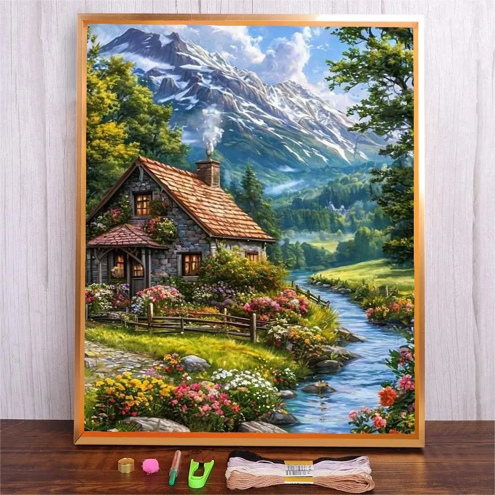 

Cotton Thread Cross Stitch Kit Forest House Sewing Embroidery Set Crafts Supplies Adults Bedroom Living Room Wall Decoration