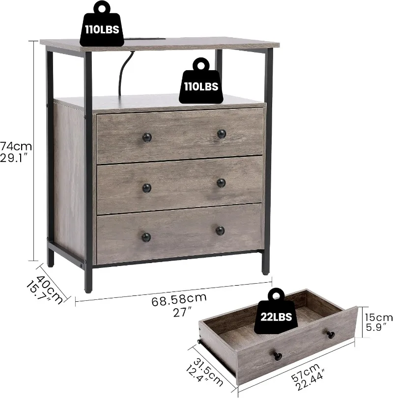 Edbuosy 3 Wooden Drawers Night Stand, 27 Inch Wide Nightstand Set 2 with Charging Station and Adjustable Drawers, Smal